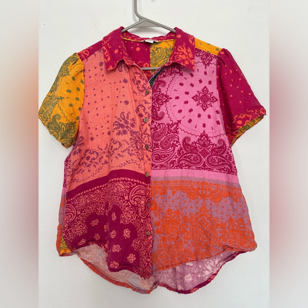 SUNDANCE PATCHWORK 100% LINEN BUTTON DOWN BLOUSE SZ PETITE SMALL